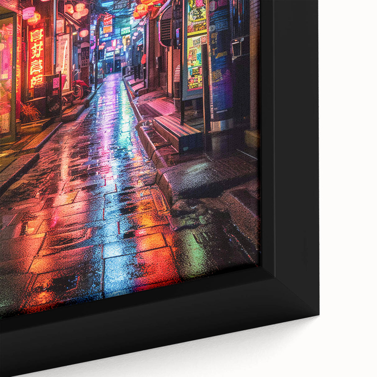 Black wall art depicting a textured Tokyo cityscape in vibrant colors on a framed canvas, ideal for living room decor.