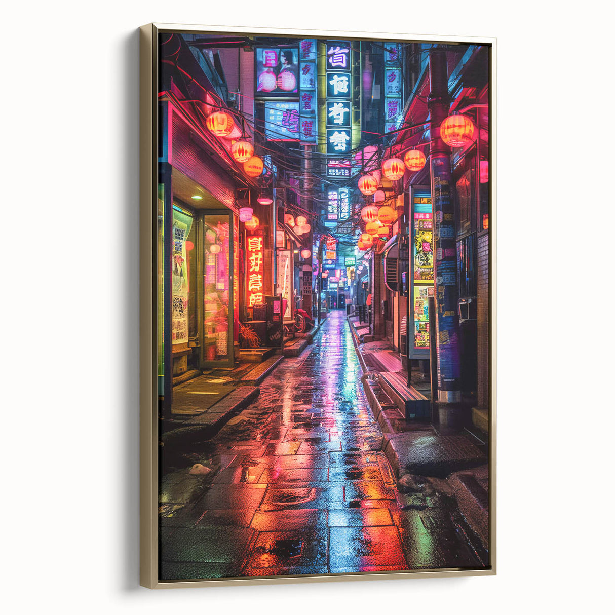 Framed canvas wall art featuring a vintage-style Tokyo landscape in muted gold and black tones, ideal for bedroom decor.