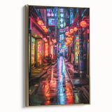 Framed canvas wall art featuring a vintage-style Tokyo landscape in muted gold and black tones, ideal for bedroom decor.