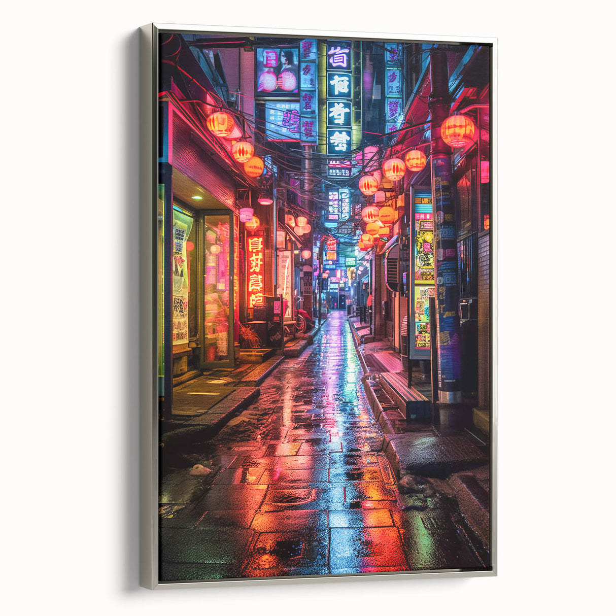 Framed canvas landscape art painting of Tokyo with vibrant colorful accents and black background.