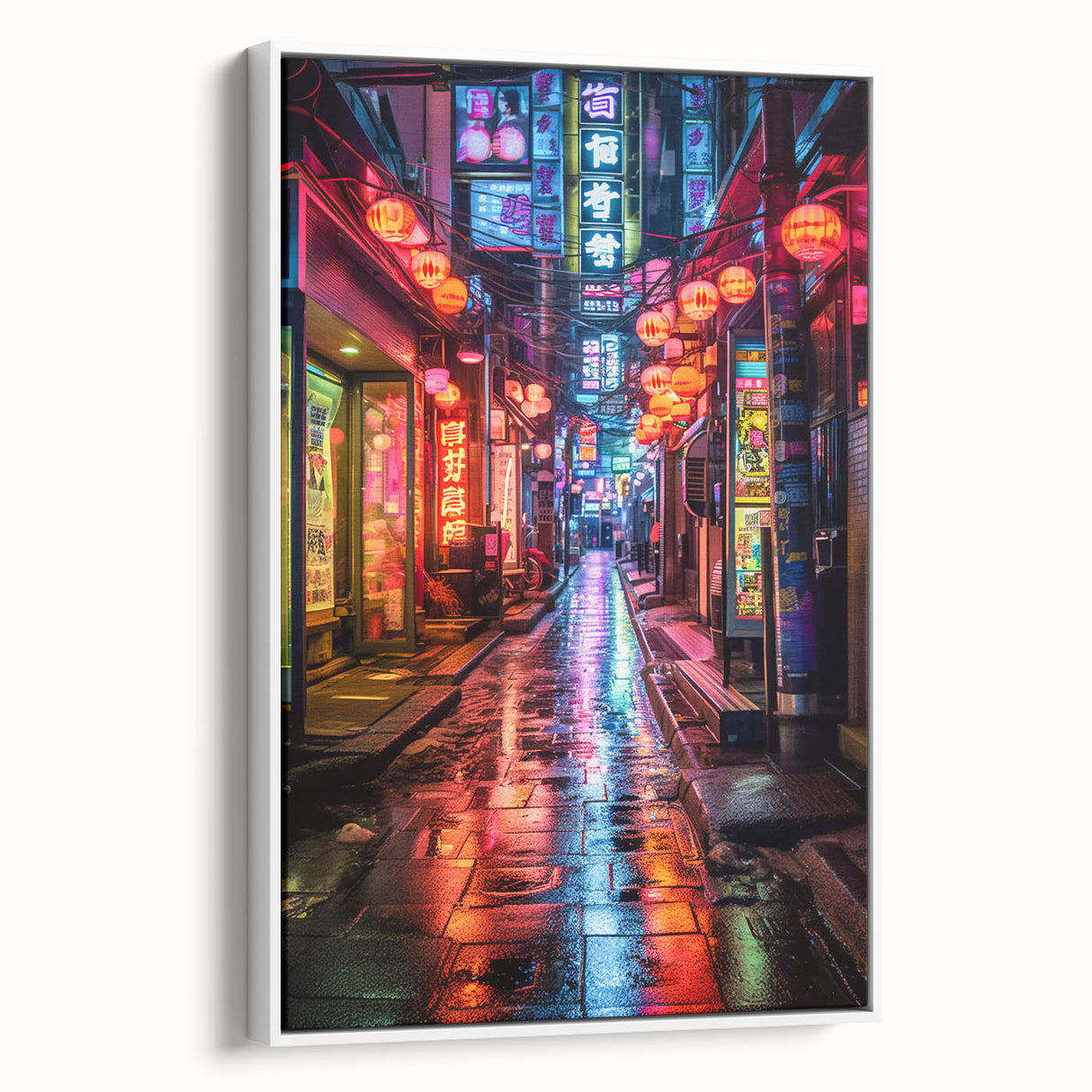 Vintage poster art of Tokyo scene in vibrant colors on extra large framed canvas, ideal for living room decor.