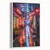 Vintage poster art of Tokyo scene in vibrant colors on extra large framed canvas, ideal for living room decor.