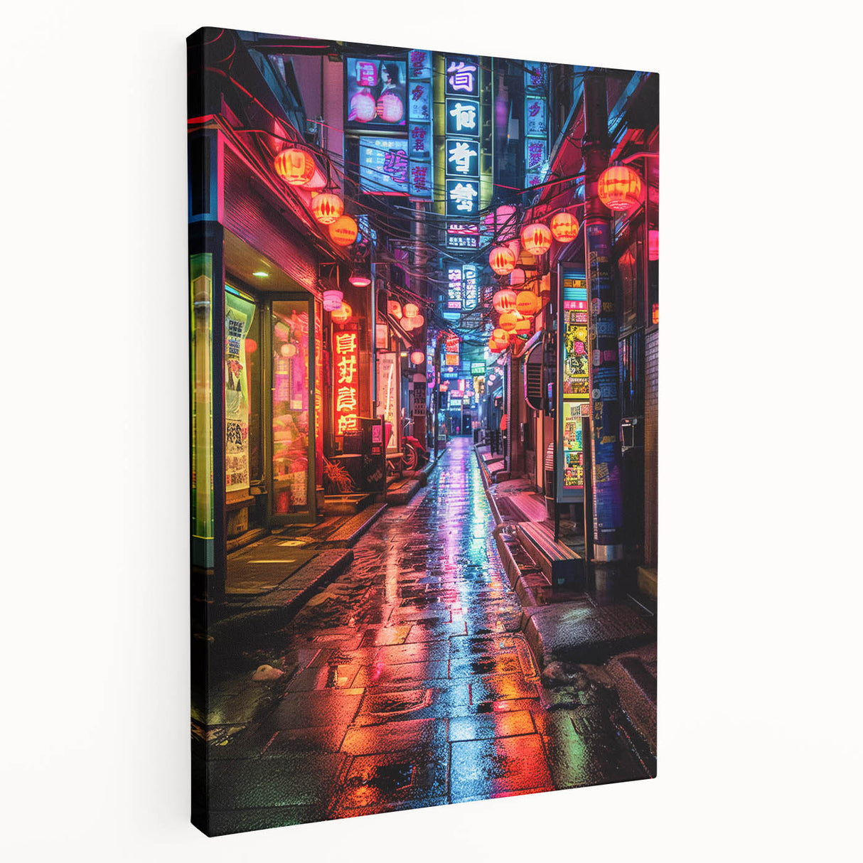 Large art print of Tokyo skyline in muted gray and blue tones on stretched canvas, ideal for kitchen wall art.