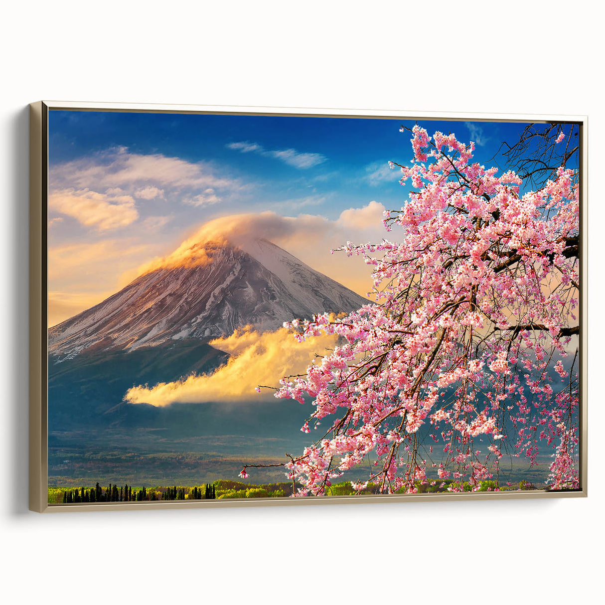 Framed canvas featuring a vintage Japanese landscape in muted gold and black tones, ideal for bedroom wall decor.