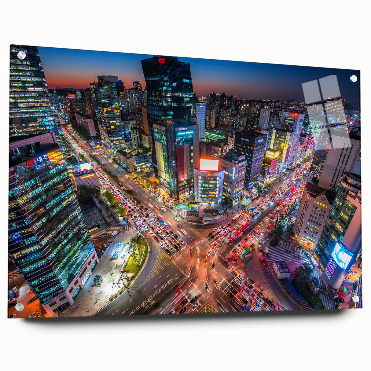 Acrylic print of Seoul skyline in muted gray tones, ideal for modern bedroom or dining room decor.