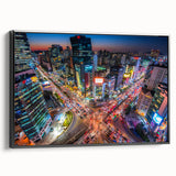 Black and white framed canvas of Seoul landscape in vintage poster style, ideal for bedroom wall decor.