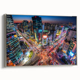 Framed canvas depicting a vintage Seoul landscape with colorful art on a black background, ideal for living room decor.