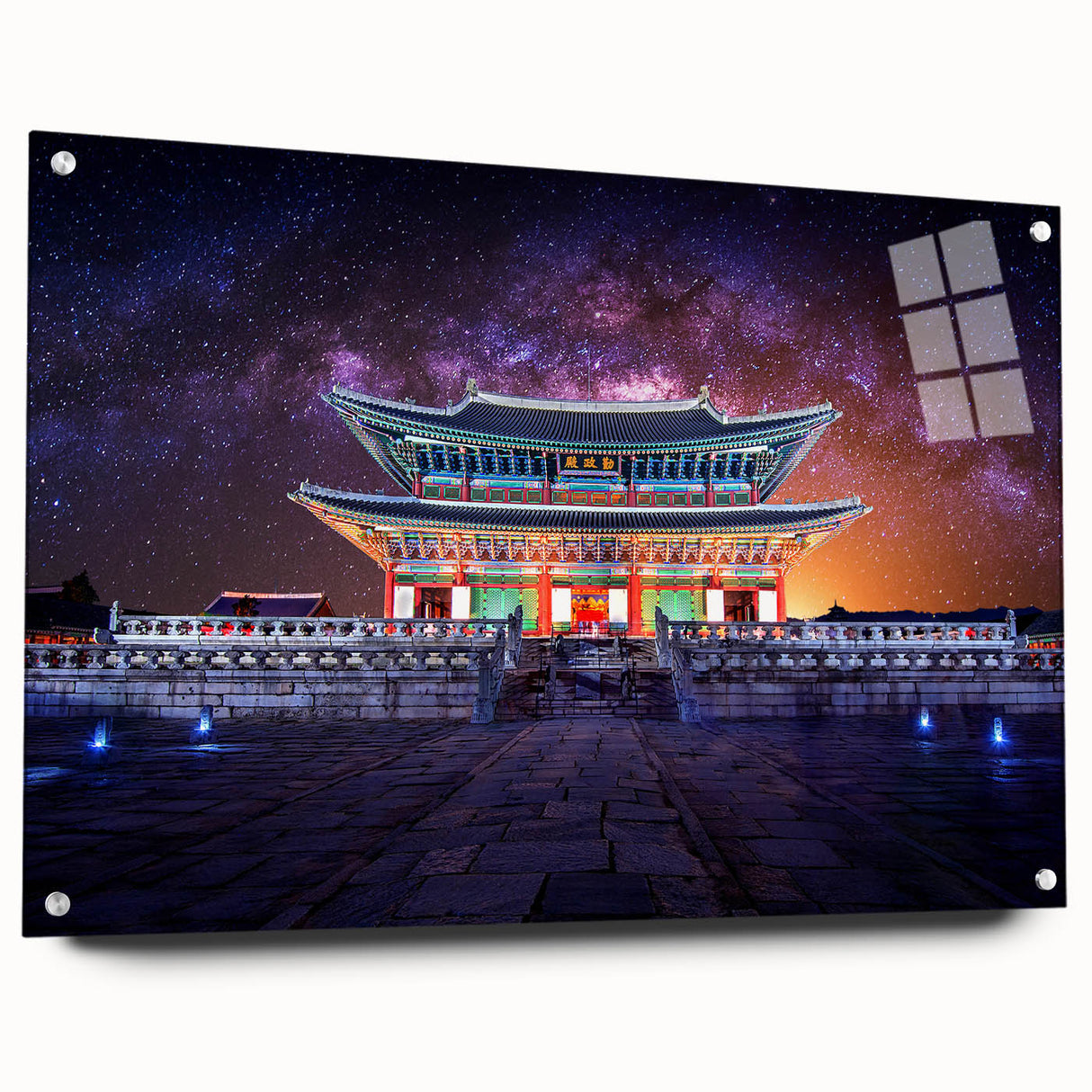 Acrylic print of a large abstract depiction of an Asian landscape in muted earth tones, ideal for dining room decor.