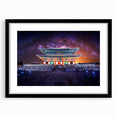 Extra large abstract art print of a vibrant, textured Korean landscape on a black framed canvas, ideal for living room decor.