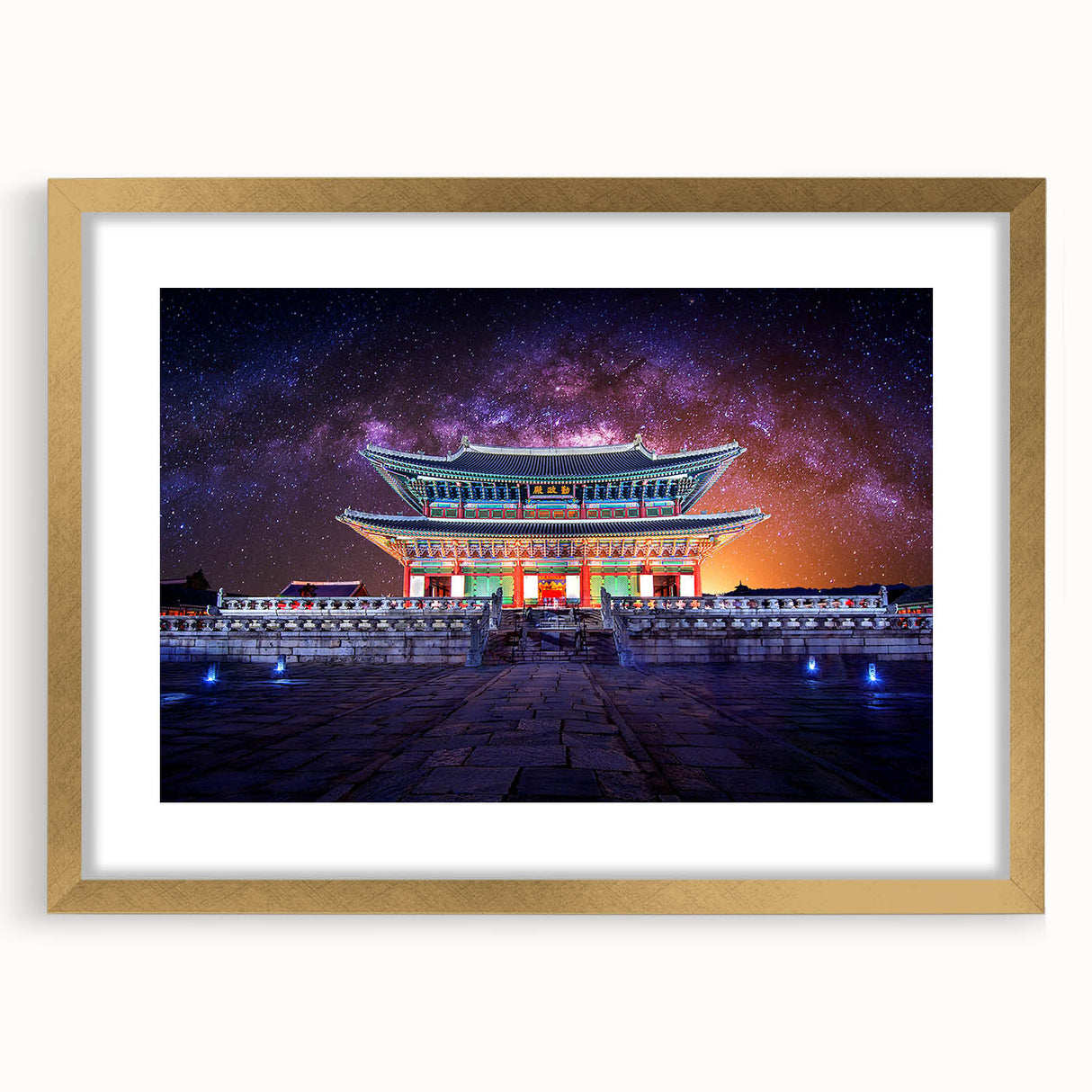 Extra large abstract art print featuring textured scenery of Korea in muted earth tones, framed in gold.
