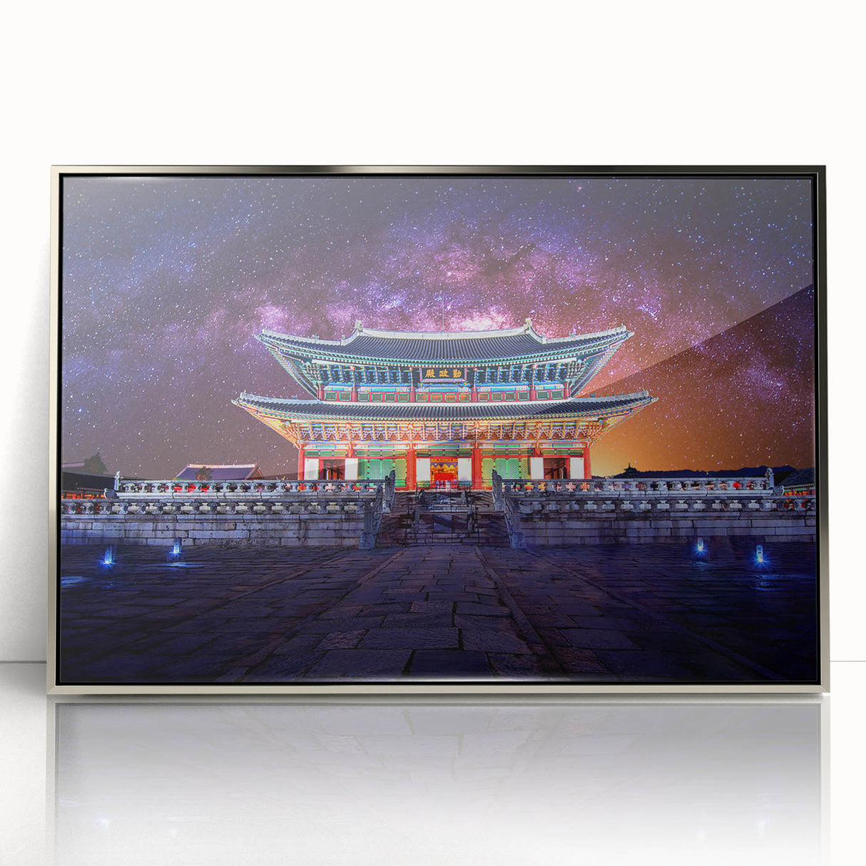 Mid-century modernist art depicting a serene Asian landscape in muted green and blue tones, framed acrylic.