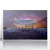 Art deco poster of a serene Korean landscape in soft pastel colors, framed acrylic, ideal for nursery wall art.