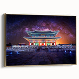 Framed canvas featuring a vintage-style landscape painting of a Korean scenery in gold and black tones.