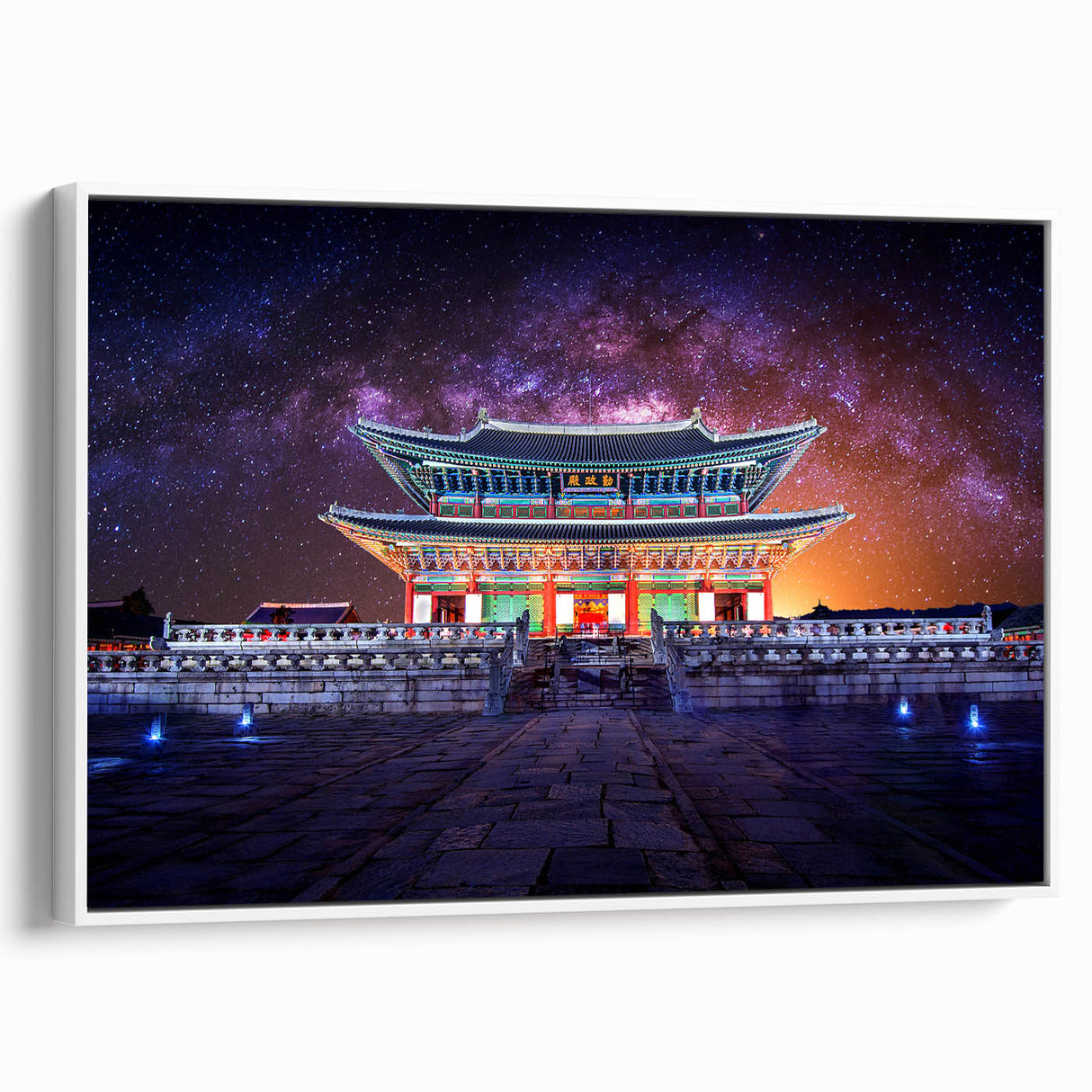 Framed canvas of vintage poster art featuring a colorful Korean landscape, ideal for large living room walls.