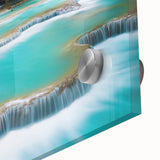 Large abstract wall art depicting Laos scenery in muted earth tones on acrylic glass, suitable for dining room ambiance.