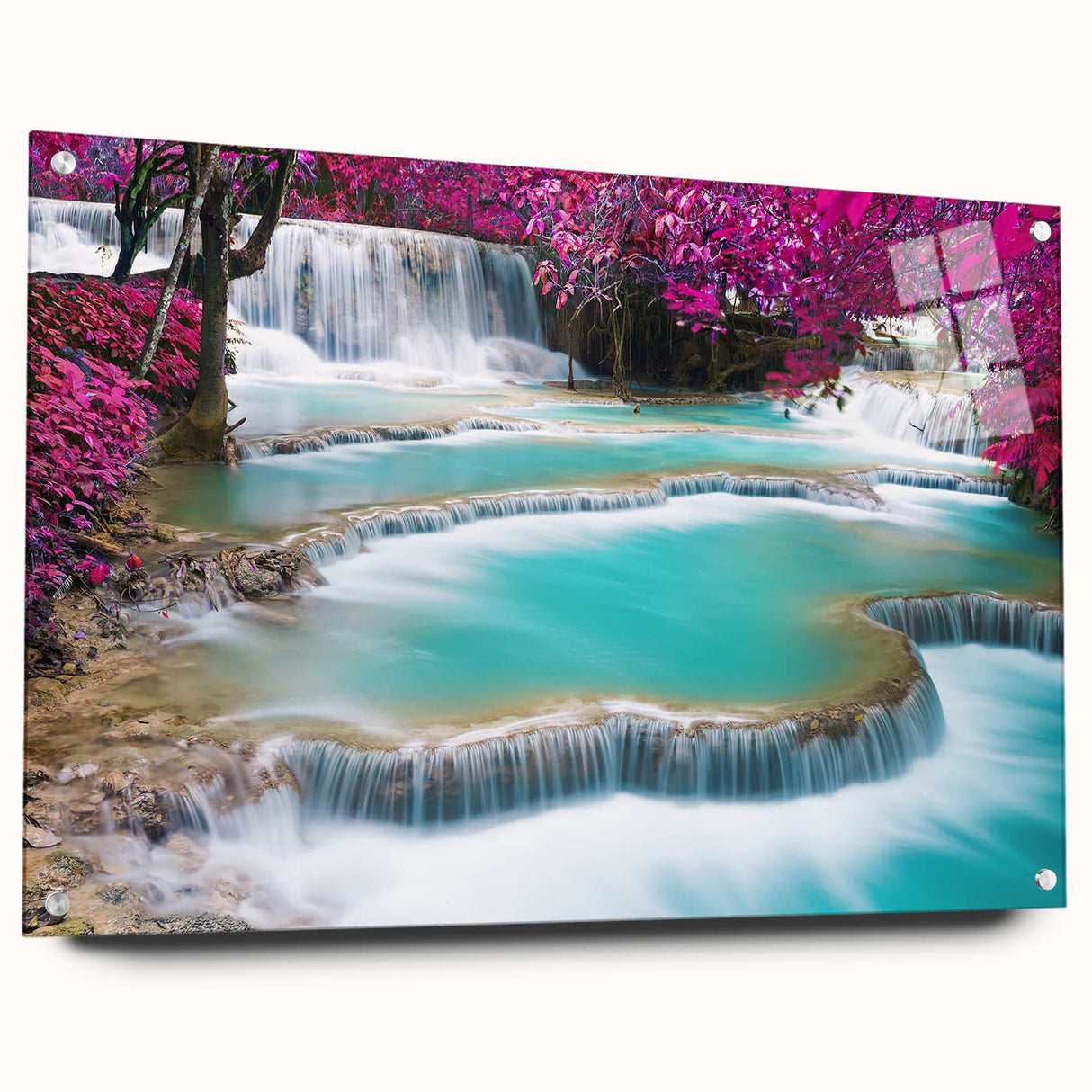 Large abstract wall art of a Laos scenery in muted earth tones on acrylic glass, suitable for bedroom or dining room decor.
