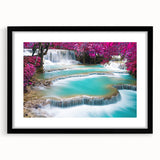 Extra large abstract art print depicting a colorful, textured scenery of Laos on a black framed canvas.