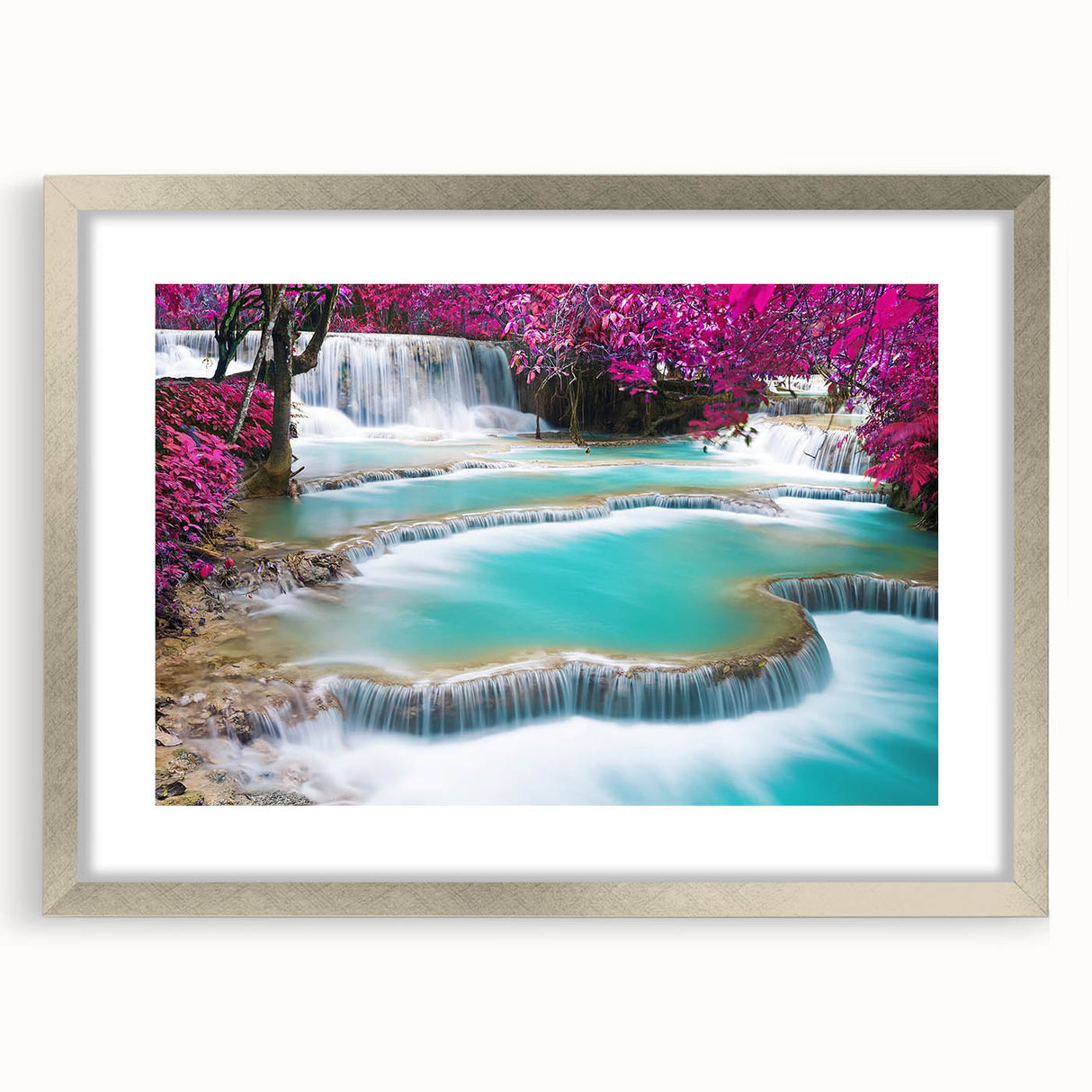 Textured abstract art print of Laos scenery in muted earth tones, framed in silver, ideal for bedroom wall decor.