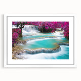 Abstract art print of a Laos landscape in muted earth tones on a framed white mat, suitable for dining room decor.