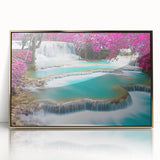 Large art print of a Laotian landscape in gold and green tones on acrylic, framed, ideal for modern art wall decor.