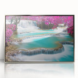 Mid-century modernist art depicting a Laos scenery in acrylic, framed in silver, suitable for nursery wall decor.