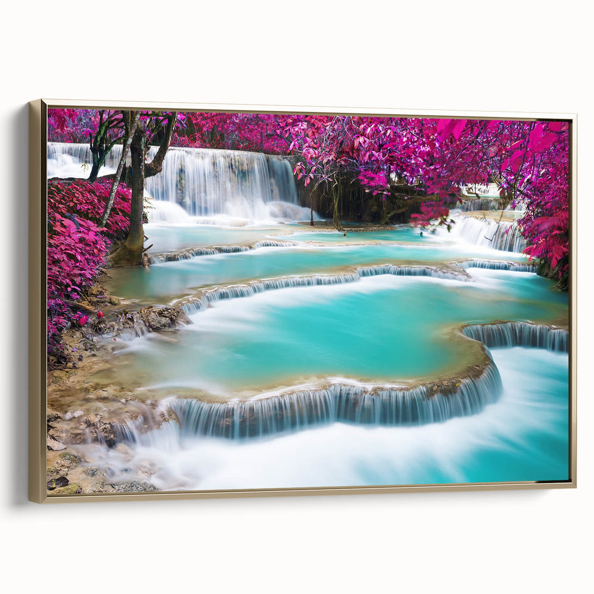 Framed canvas featuring a vintage-style landscape painting of a Laos scenery in gold and black tones.