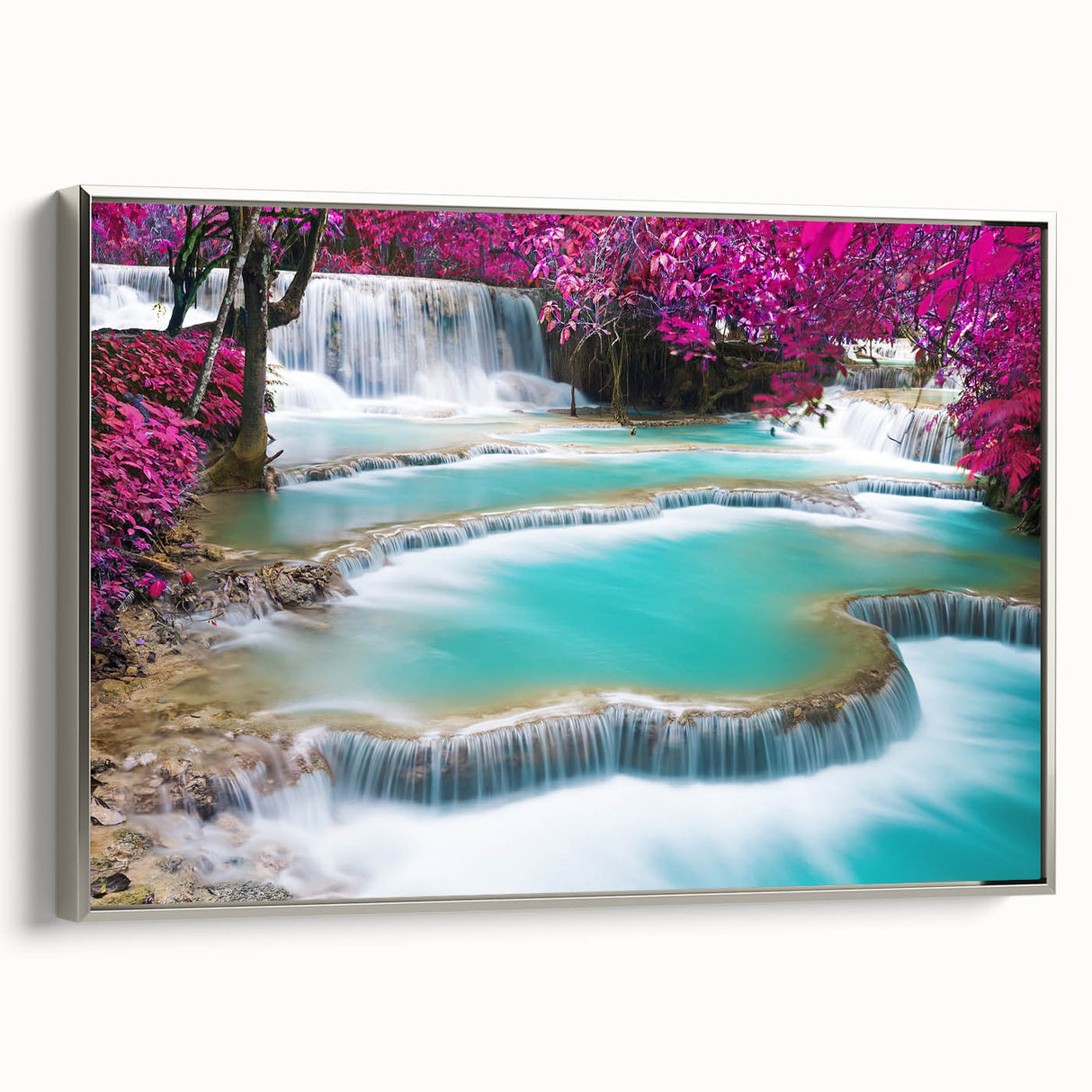 Landscape art painting of a Laotian scenery on a silver-framed canvas, featuring muted earth tones.