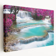 Large canvas print of a serene Laotian landscape in muted greens and blues, ideal for kitchen wall art.