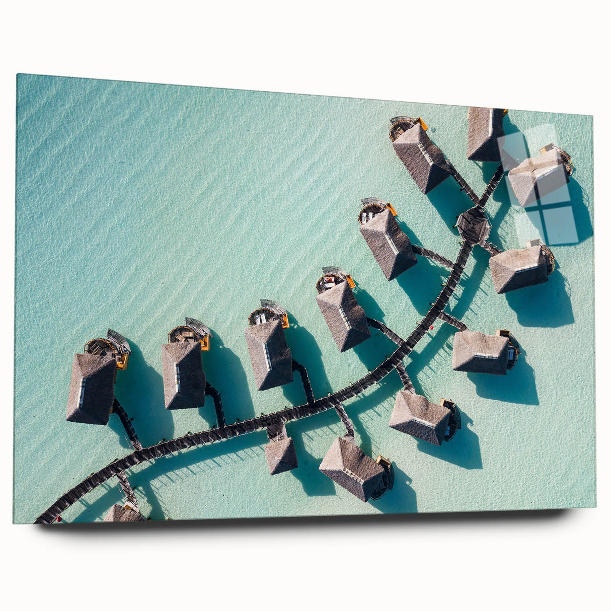 Large abstract wall art of the Maldives on acrylic glass, featuring serene blue and white tones.