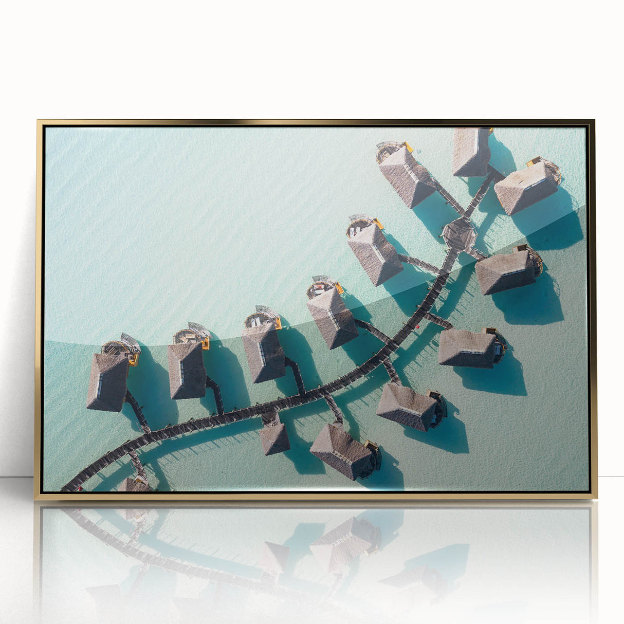 Mid-century modernist acrylic print of a serene Maldives beach scene with muted blue and sandy hues.