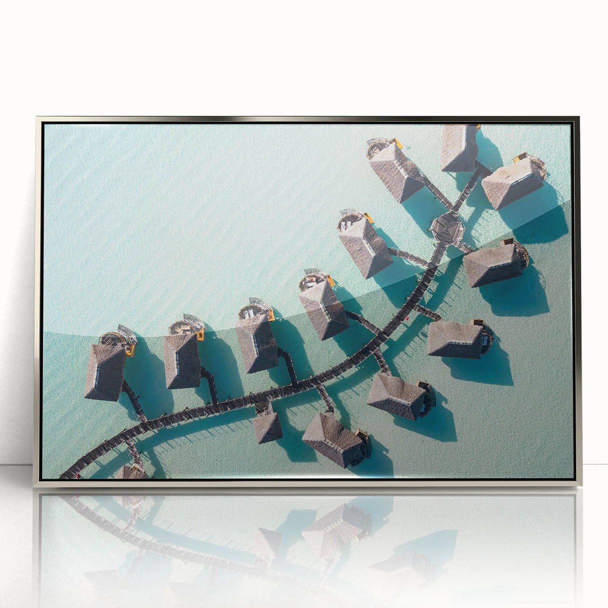 Mid-century modernist art depicting the Maldives scenery in acrylic with silver frame, ideal for modern art wall decor.