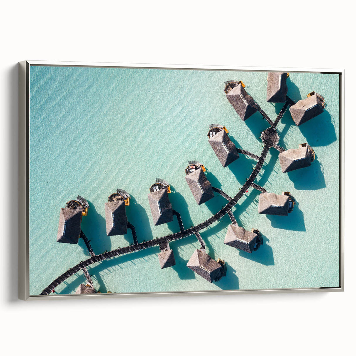 Landscape art painting of Maldives scenery on a framed canvas, featuring vibrant blue and green tones.