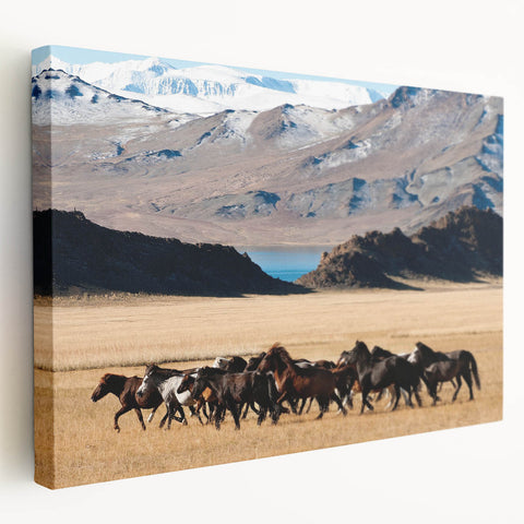 Large stretched canvas with a serene Mongolian landscape in muted earth tones, ideal for kitchen wall art.