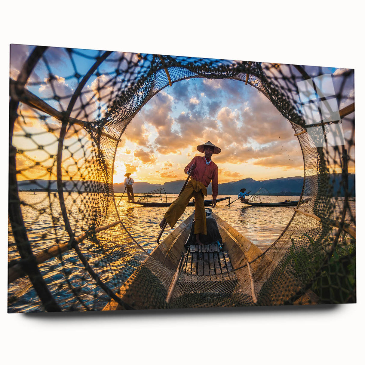 Large abstract wall art of a Myanmar landscape in muted earth tones on acrylic glass, ideal for bedroom or dining room decor.