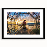 Colorful abstract art print of a Myanmar landscape in vibrant hues on a textured, extra large canvas, framed in black.