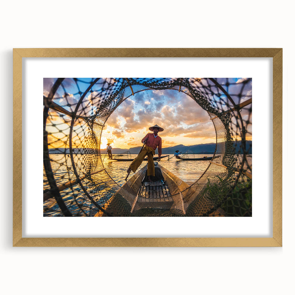 Extra large wall art featuring an abstract textured print of a Myanmar scenery in muted earth tones, framed in gold.