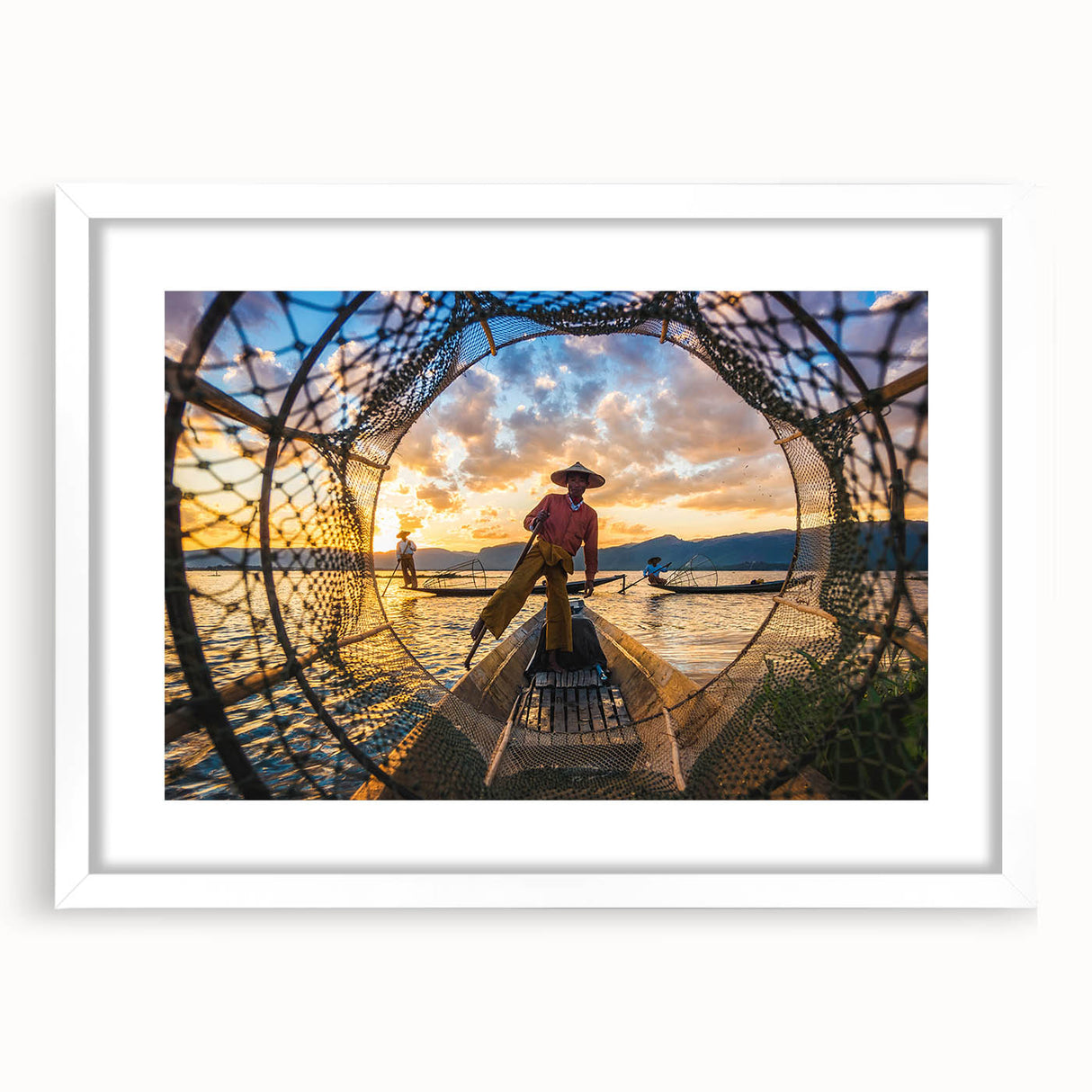 Abstract art print of a Myanmar landscape in muted earth tones on a framed white mat, ideal for dining room decor.