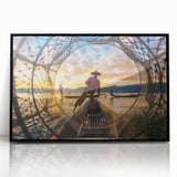 Large abstract wall art depicting a Myanmar scenery in muted earth tones on a framed acrylic.