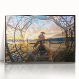 Mid-century modernist art depicting a serene Myanmar landscape in muted earth tones.