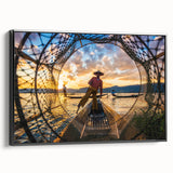 Black and white wall art featuring a vintage poster-style landscape of Myanmar on framed canvas, ideal for bedroom decor.