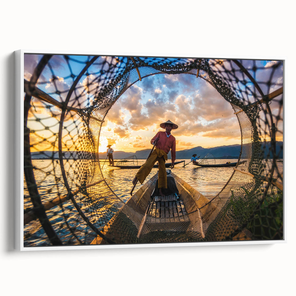 Vintage poster art of a Myanmar landscape on framed canvas, featuring colorful art in extra large format.