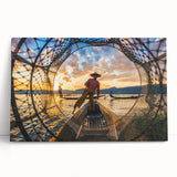 Black and white photograph of a serene Myanmar landscape on a large stretched canvas.