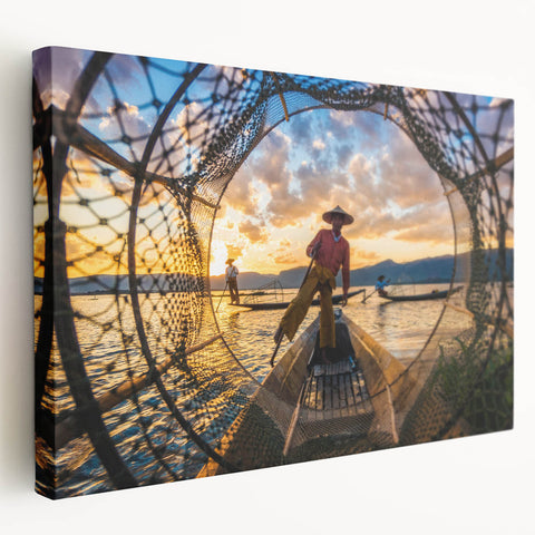 Large art of a serene Myanmar landscape in muted green and blue tones on stretched canvas, ideal for kitchen wall decor.