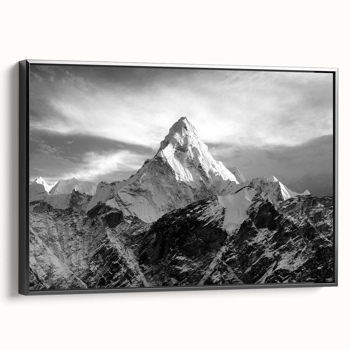 Black and white framed canvas featuring a vintage-style landscape painting of Mount Everest, ideal for bedroom wall decor.