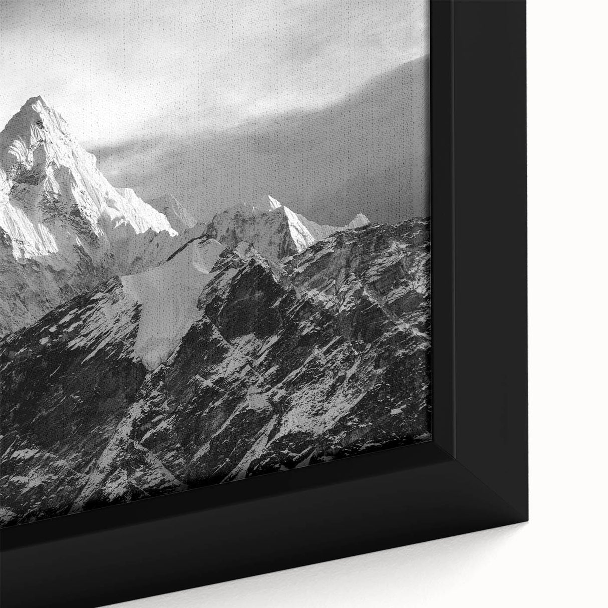Extra large framed canvas featuring a textured depiction of Mount Everest in black with colorful accents.