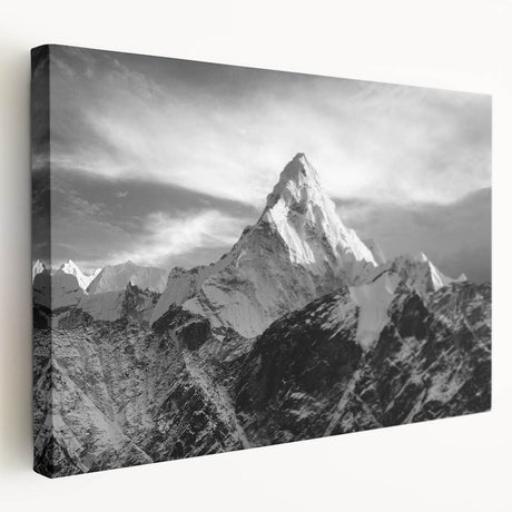 Large art print of Mount Everest in muted blue tones on stretched canvas, suitable for kitchen wall art.