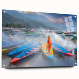 Large abstract wall art depicting an Asian scenery in muted earth tones on acrylic glass.