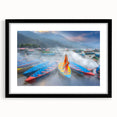 Colorful abstract art print of a textured Nepalese landscape on a large framed canvas, ideal for living room decor.