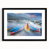 Colorful abstract art print of a textured Nepalese landscape on a large framed canvas, ideal for living room decor.