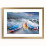 Extra large abstract art print depicting a textured scenery of Nepal in muted earth tones, framed in gold.